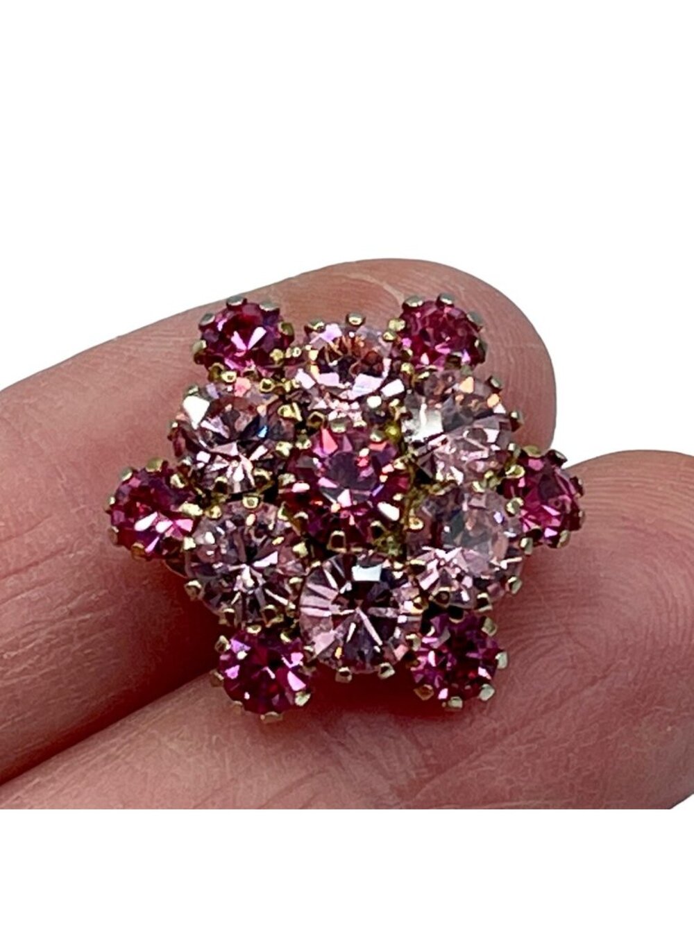 Pink Rhinestone Earrings Two Toned Prong Set Cluster Vintage Clip On Gold Tone - Picture 12 of 16